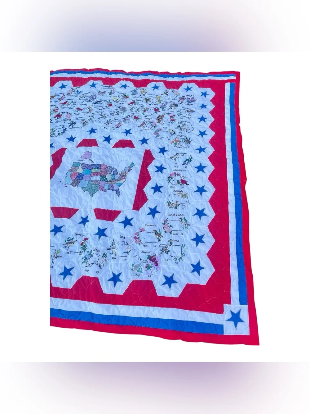 Rare Hand Stitched Patriotic Americana USA Map Quilt 98